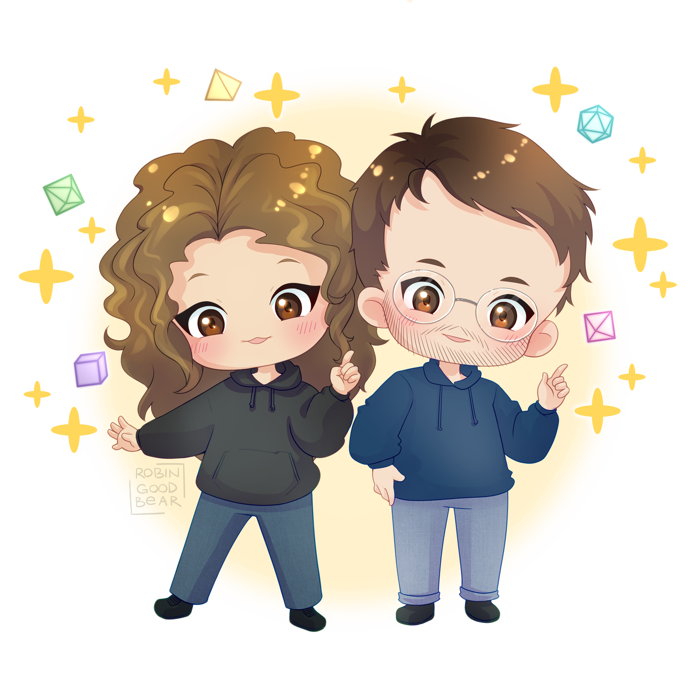 Chiara e Giuseppe in versione chibi, circondati da dadi poliedrici